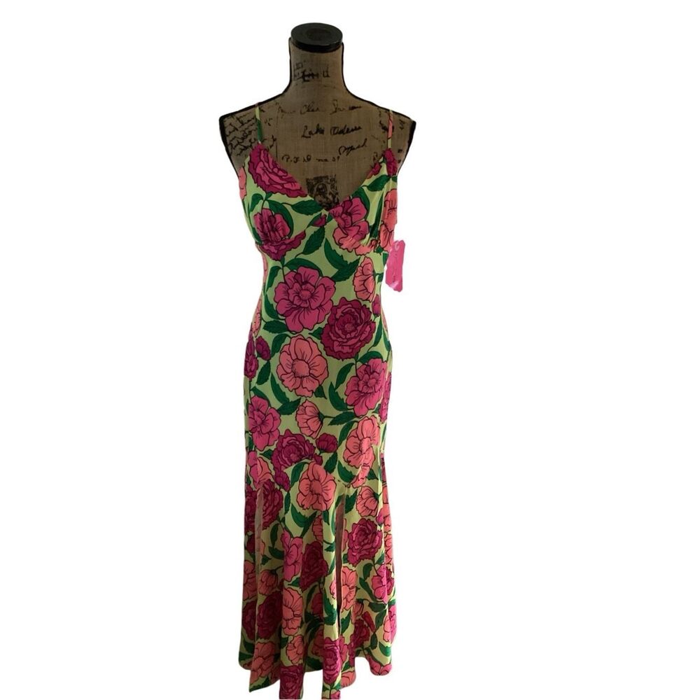 Betsey Johnson Pink Floral Maxi Dress with Green Leaves